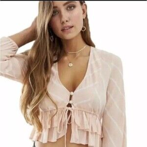 Free People Blouse Women Small Tie Front Stripe Balloon Sleeve Top NEW